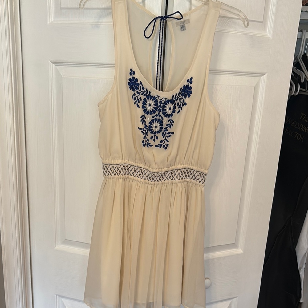 Ecoté (Urban Outfitters) Cream Dress with Blue Embroidery